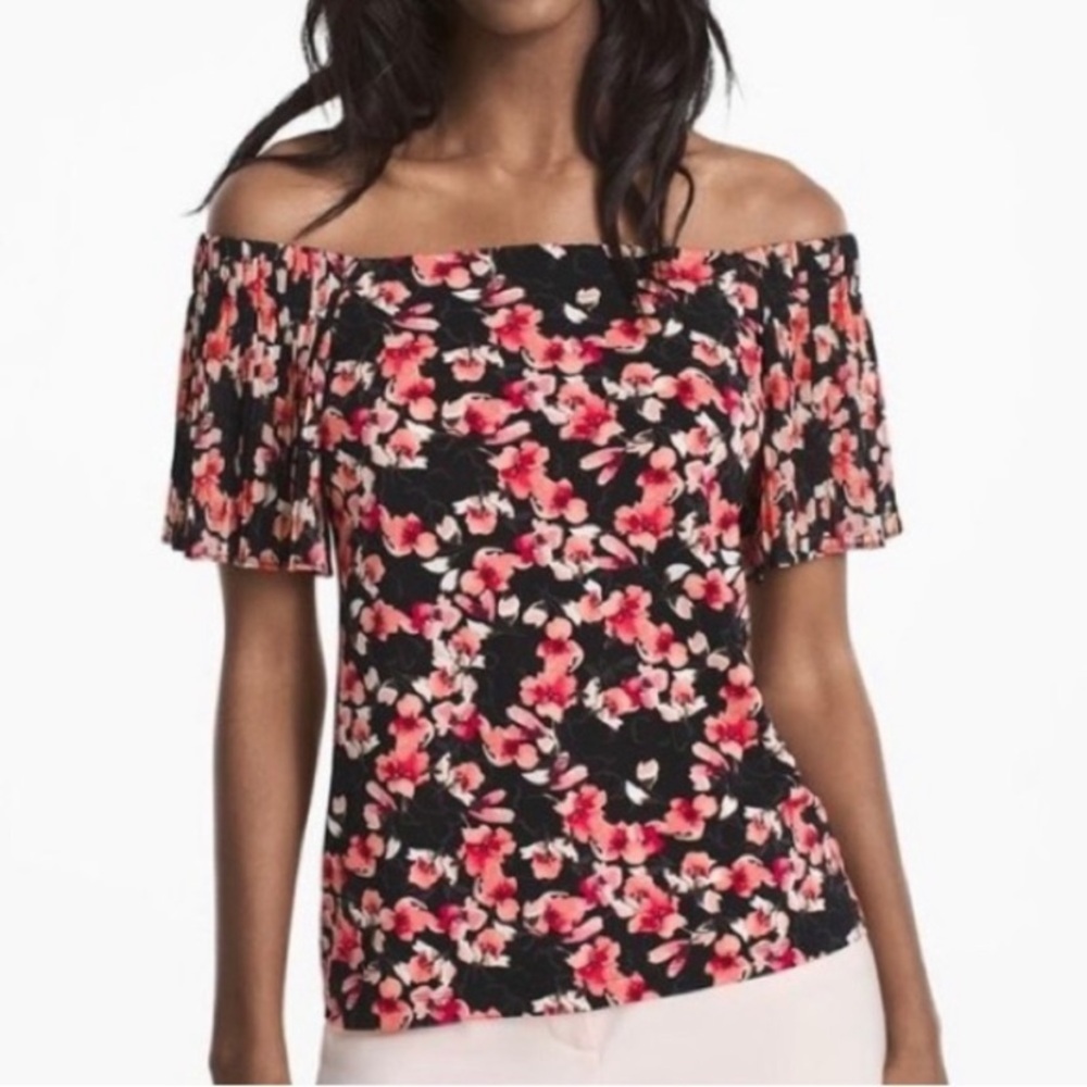 White House Black Market Pink and Black flower off shoulder top